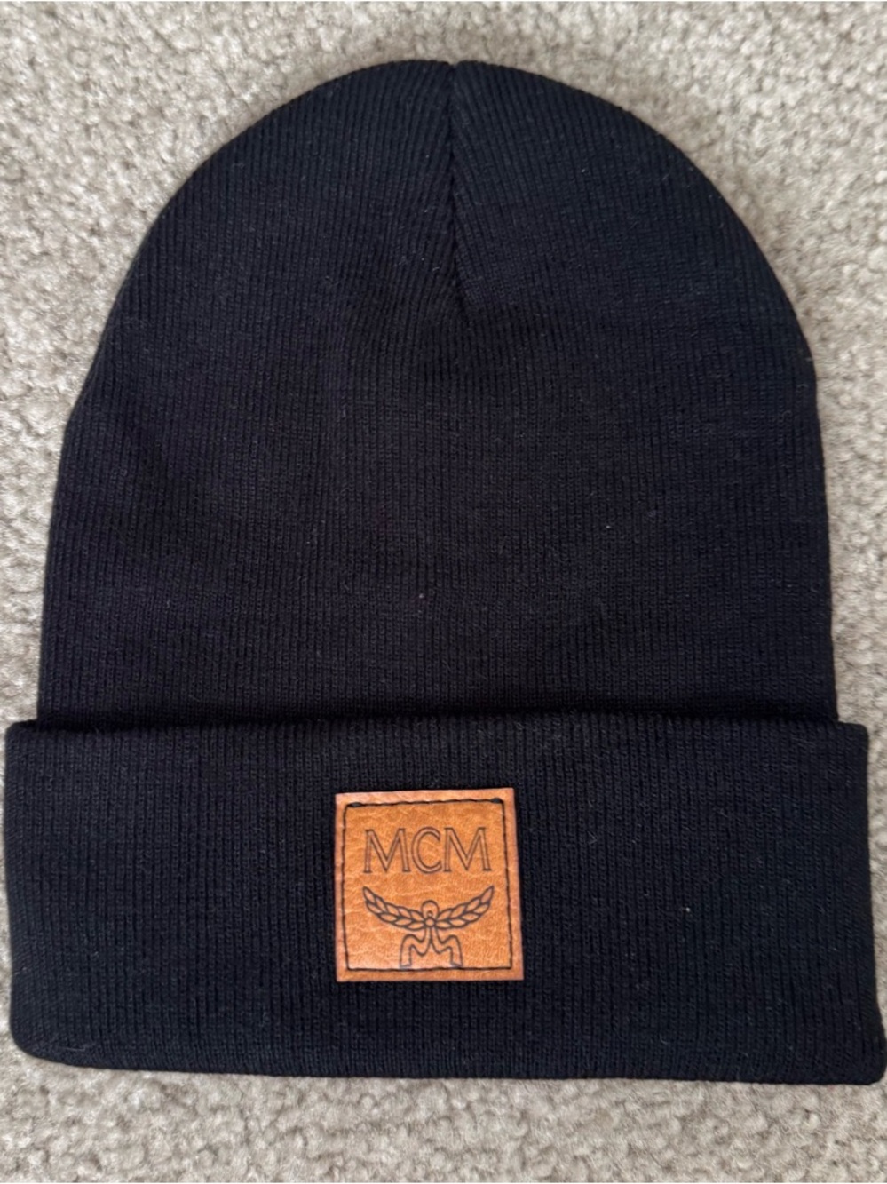 Upcycled Beanie w Authentic MCM Leather Patch Black Knit Hat Soft Unisex